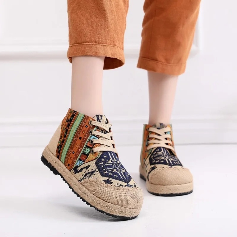 Boho patchwork cotton Burlap shoes women’s EU 39 art natural round toe - Picture 1 of 6